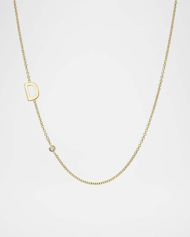 14k Gold Asymmetrical Initial and Bezel Diamond Necklace